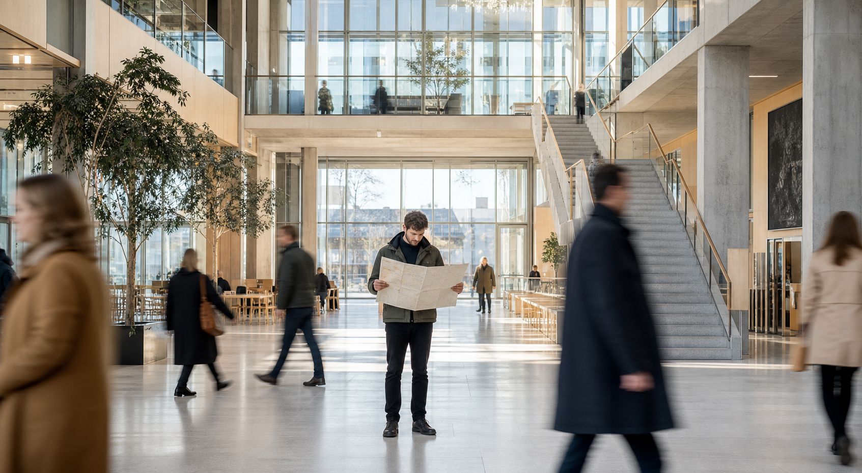 Lyst atrium i en offentlig institution med mennesker i bevægelse