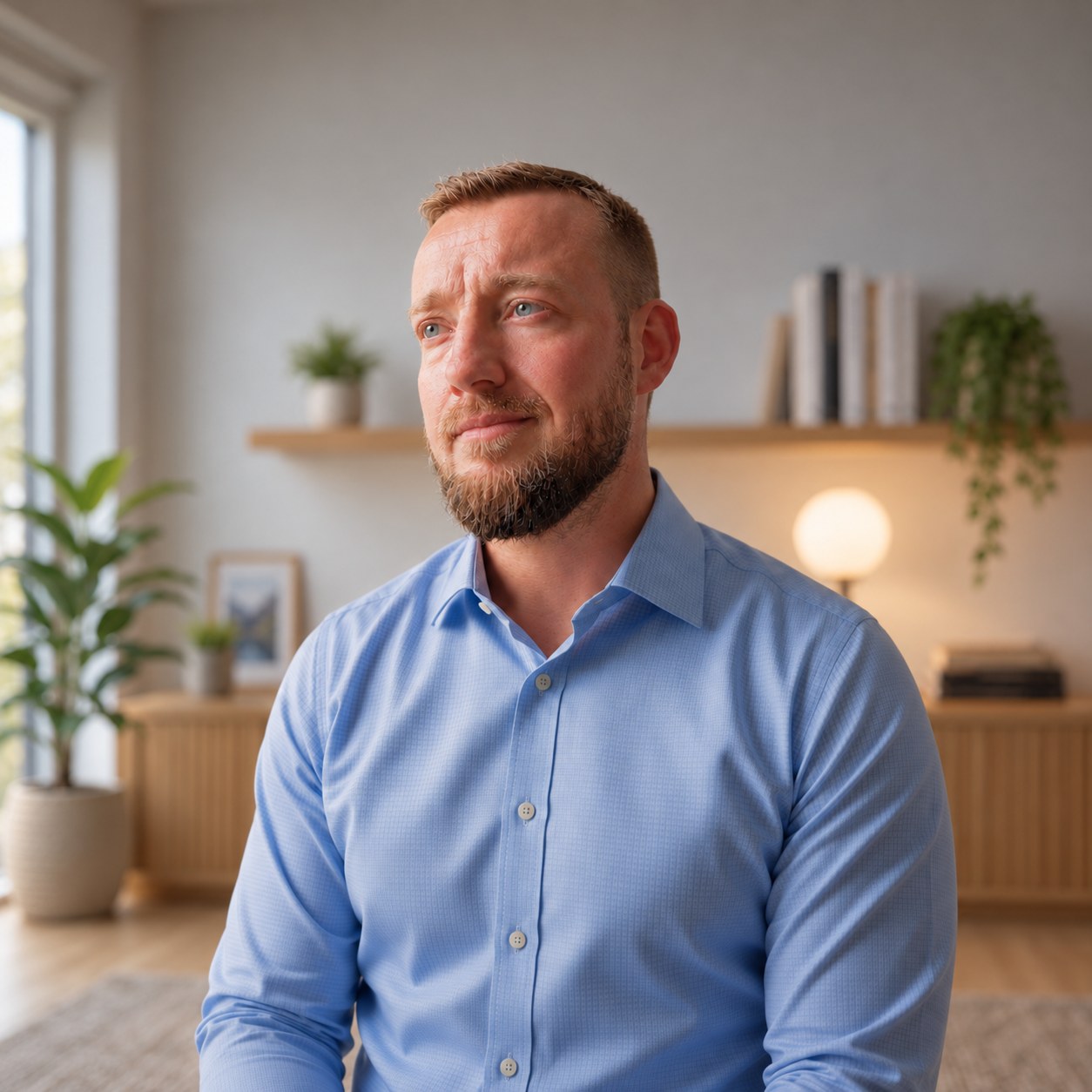 Portræt af Christian [EFTERNAVN] i et lyst rum med bøger og planter